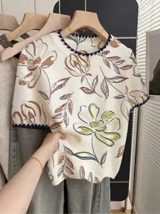 1 piece, French Retro Loose Round Neck Elegant Short Sleeve Contrast Trim Beige Women's Multicolor Contrast Floral Print Spring and Summer Knitted Top, Elegant Casual Jumper