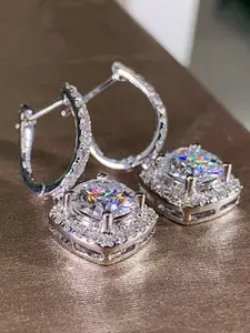 1 pair of gorgeous sparkling women's geometric rectangular square diamond earrings, fashionable and elegant party and banquet style earrings