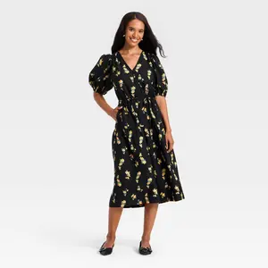 Women's Short Sleeve Wrap Tie Tier Midi Empire Waist Dress - A New Day