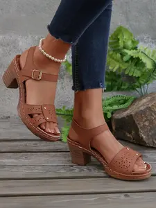 Summer Hollow Out Women's Heeled Sandals, Adjustable Strappy Sandals, Comfortable Non-Slip Metal Buckle, Block High Heels, Breathable Open Toe Roman Shoes, Fashionable Ladies' Footwear