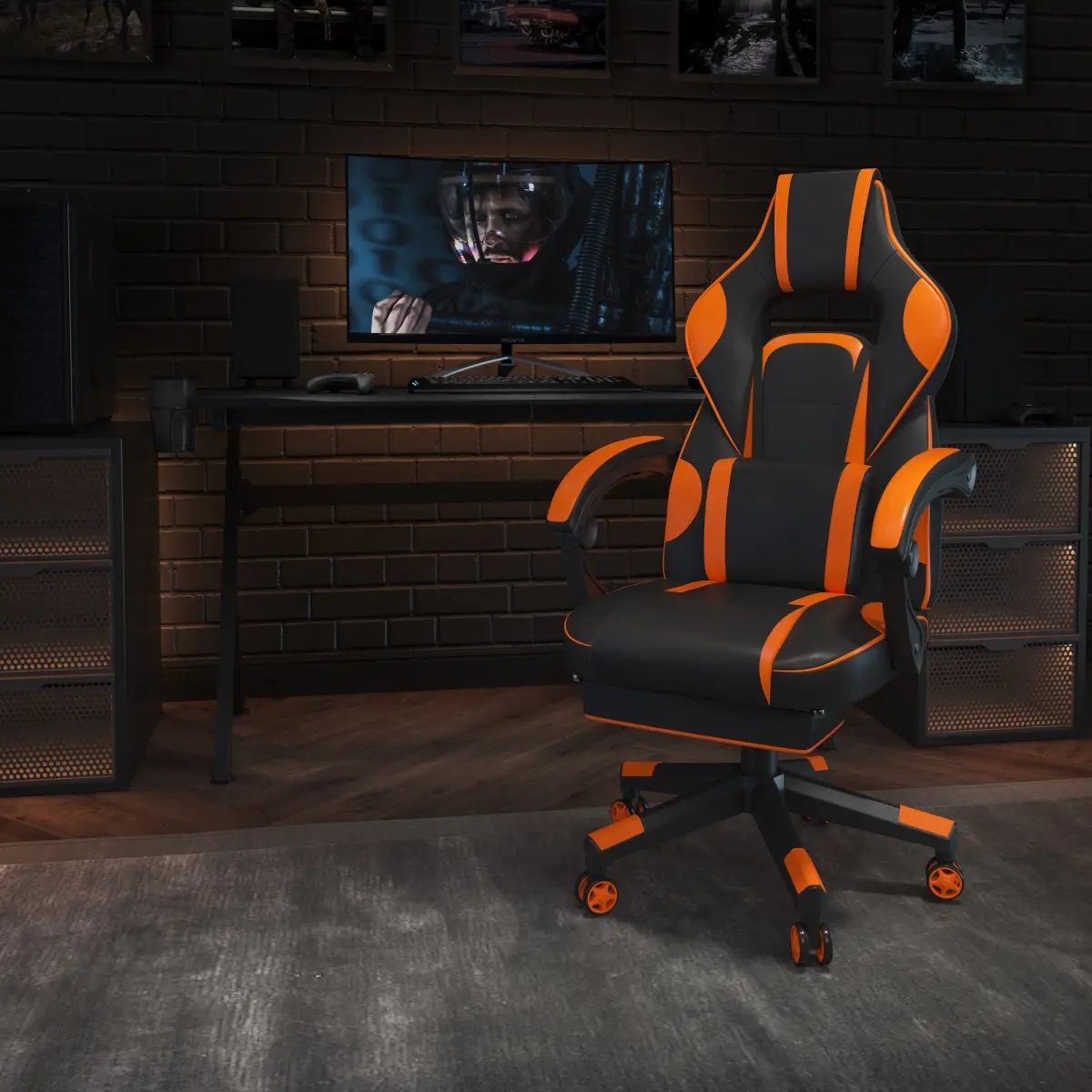 Flash Furniture CH-00288-OR-GG X40 Racing Ergonomic Computer Gaming Chair with Fully Reclining Back & Arms, Slide-Out Footrest & Massaging Lumbar, Black & Orange