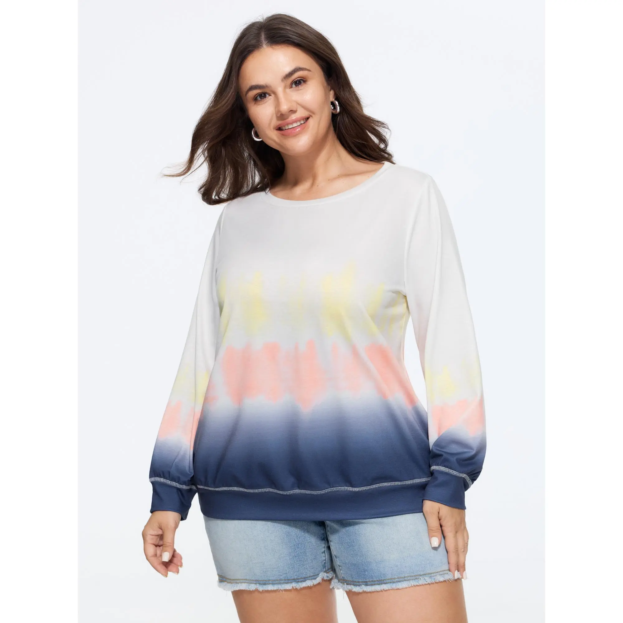 BloomChic Women's Plus Size Casual Ombre Print Sweatshirt, Supersoft Spandex Pullover with Round Neck and Long Sleeves, Fabric, Garment, Tops, Clothes
