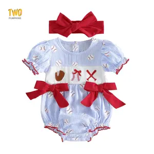 2pcs Baby Girls Summer Cute Striped Romper Short Sleeve Round Neck Baseball Embroidery Bodysuit With Bow Headband