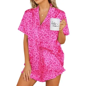 Ekouaer Womens Silk Satin set Button Down Silk Shortswear Set Ruffle Lingerie Notch Collar  Adjustable Breathable