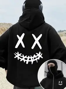 Men's black dark smiley face (XX eyes + stitched mouth) balaclava zip-up hoodie, with a full-face mask and large back print, a loose, avant-garde street-style top. A daily wear item for lovers of dark aesthetics and subcultures, a choice for style express