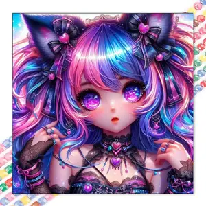 1 set of DIY diamond painting kit, 5D diamond art kit, DIY decoration with colorful hair, cat ears, and bow tie. Mosaic, diamond art, DIY art home decor, Galaxy