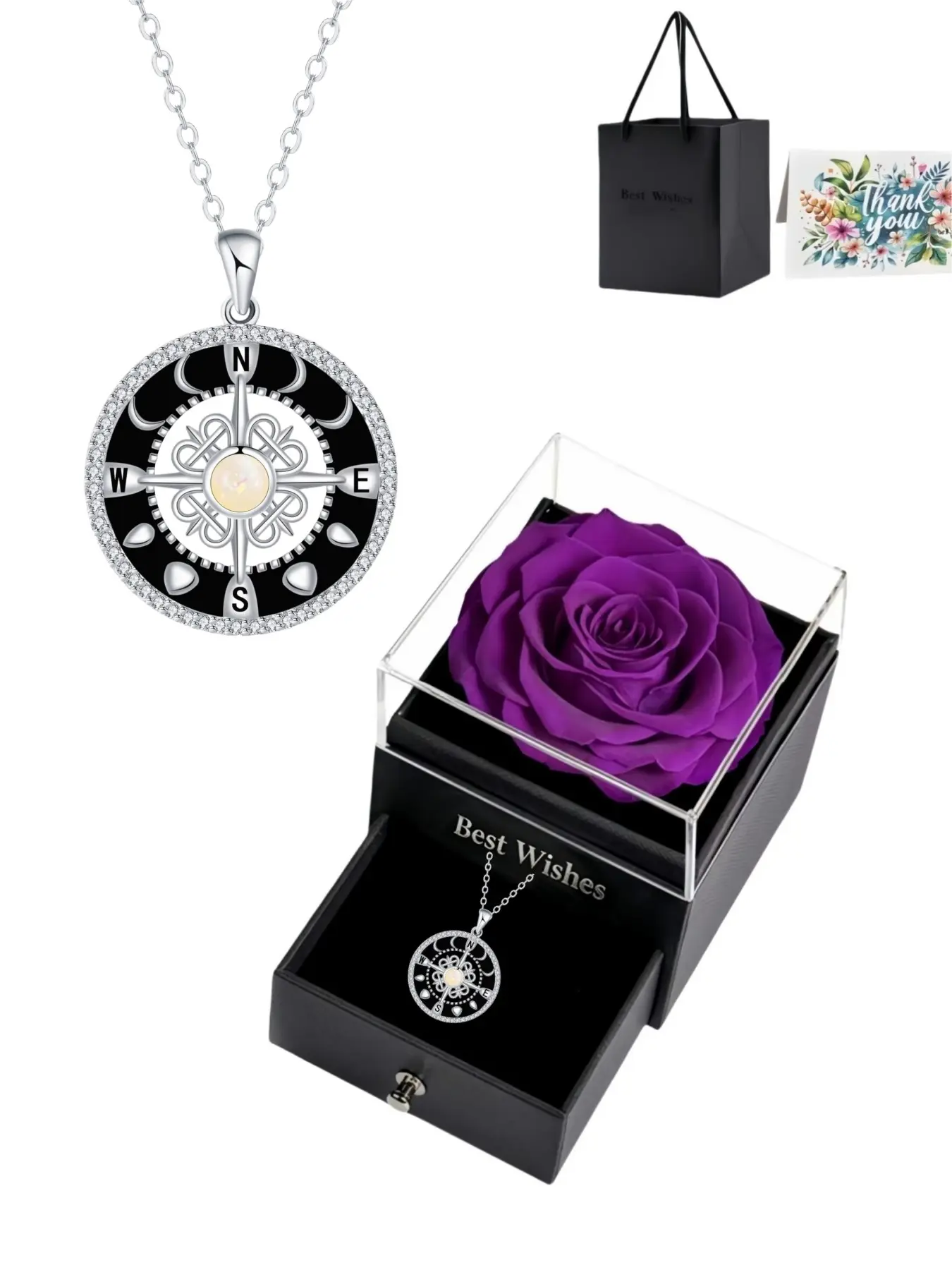 Opal Compass · Dark Overture Original vintage compass black pendant with opal & diamond inlaid necklace.Comes with a purple preserved rose jewelry gift box.Perfect gift for birthdays, Mother’s Day and Valentine’s Day.
