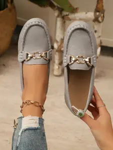Women's Retro Flat Shoes, Comfortable Fashion Slip-Ons, Metal Buckle Leather Design, Perfect for Casual Daily Wear, Pu Leather Loafers