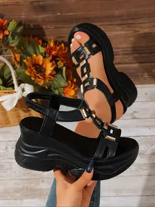 Elegant Women's Thick Sole Slip-On Sandals, Simple High-End Classic Fashion Wedge Heel Round Toe, Perfect for Any Occasion, Comfort and Style Combined
