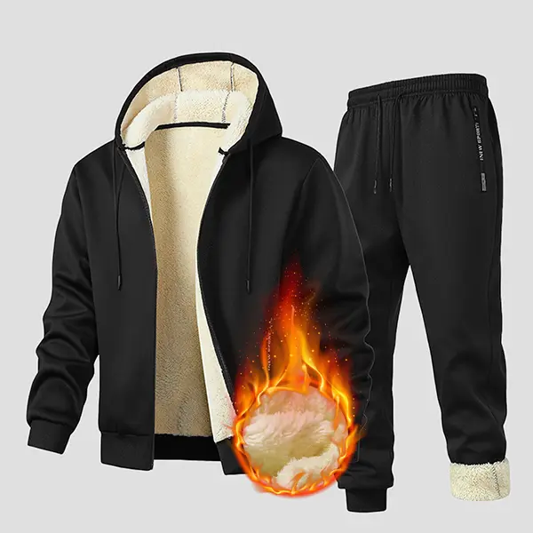 Men's Athletic Fleece Tracksuit Set, Plain 2-Piece Long Sleeve Outfit with Warm Plush Lined Hooded Jacket and Casual Pants Athleisure Gym Clothes Activewear Workout Set