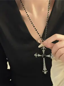 Women's Gothic Cross Necklace, Long Beaded Choker Chain, Light Luxury Cold Style Jewelry, Sweet Cool Punk Accessory, Charms Necklace