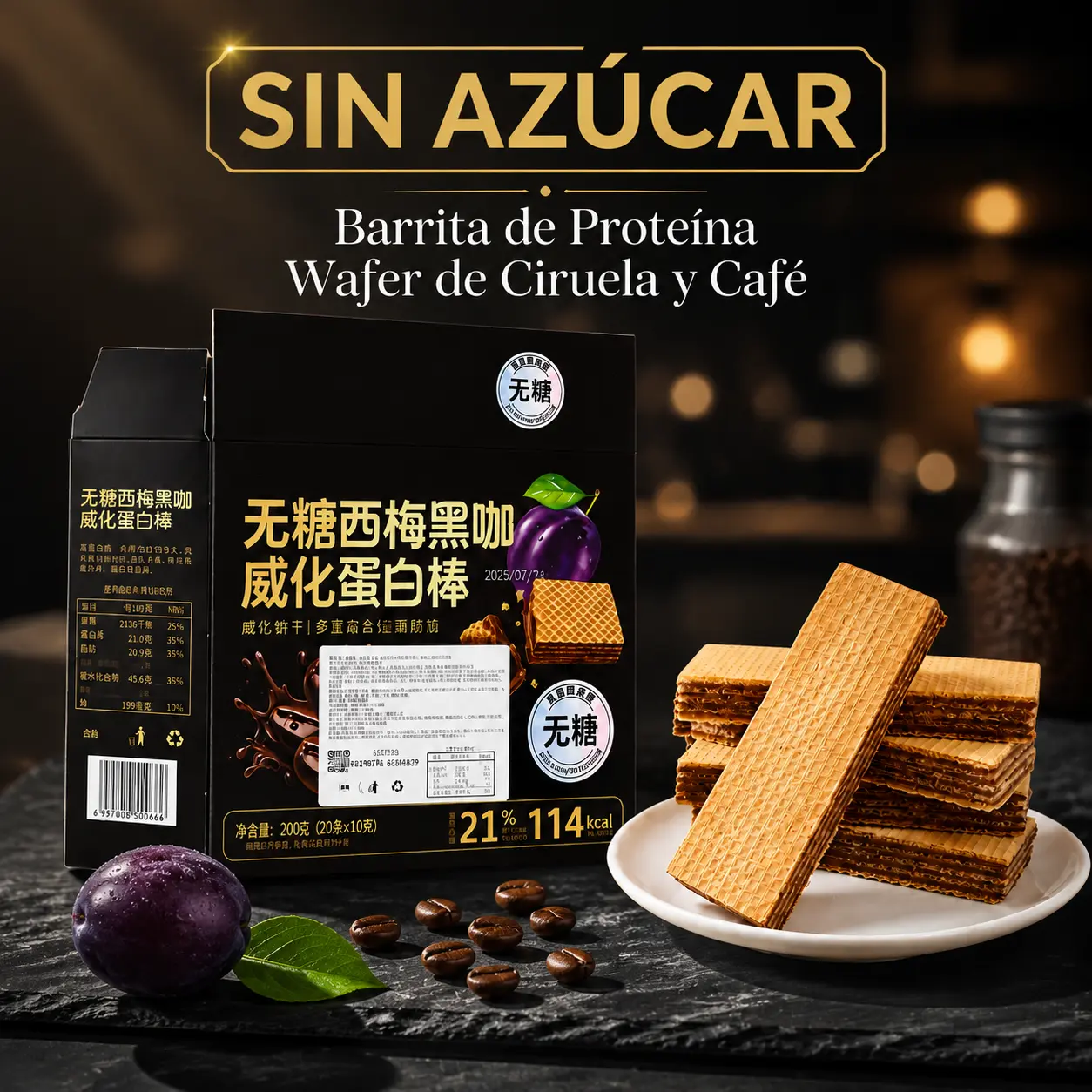 XI-Barritas Crujientes de Oblea con 21% Proteína Sabor Café y Ciruela 200g (High Protein, Low Cal)