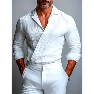 Men's Solid Color Cross Pleat Long Sleeve Shirt Casual Men's Top