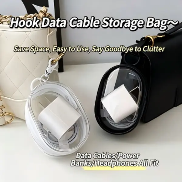 Clear Mini Zipper Storage Pouch with Carabiner Hook, 2 Pack (Black & White), Portable Transparent Organizer Bag for Charger, Data Cable, Earbuds, Small Travel Accessories
