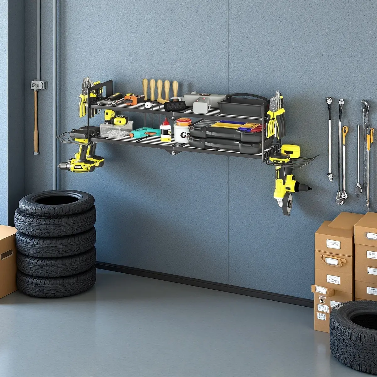 Heavy Duty Power Tool Organizer Wall Mount for Drill and Cordless Tools 2 Layers 4 Slots Garage Workshop Pegboard Rack 49.21"D x 10.04"W x 9.45"H