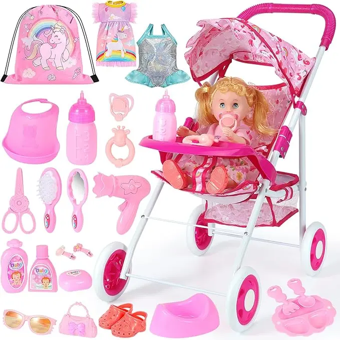 11"x20"x21" 24pcs Pink Doll Stroller Toy for Girls Includes Stroller Doll Clothes Sunglasses Perfect for Playing House Party Birthday Gift,SummerVibes toys Doll Set Stardoll