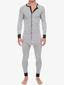 Striped One-Piece Tight-Fit Sleepwear, Pj Onesie, Long Sleeve Autumn Winter New Home Wear, Comfortable and Stylish Lounge