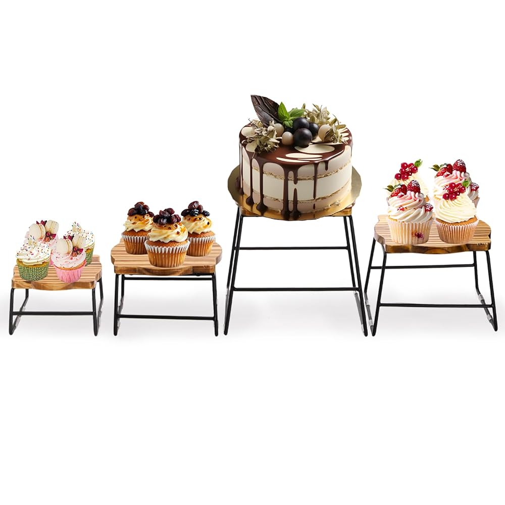 4 Piece Wood Buffet Risers, Dessert Table Risers Food Display Riser, Pizza Pan Riser, Cupcake Stand & Wood Display Risers,