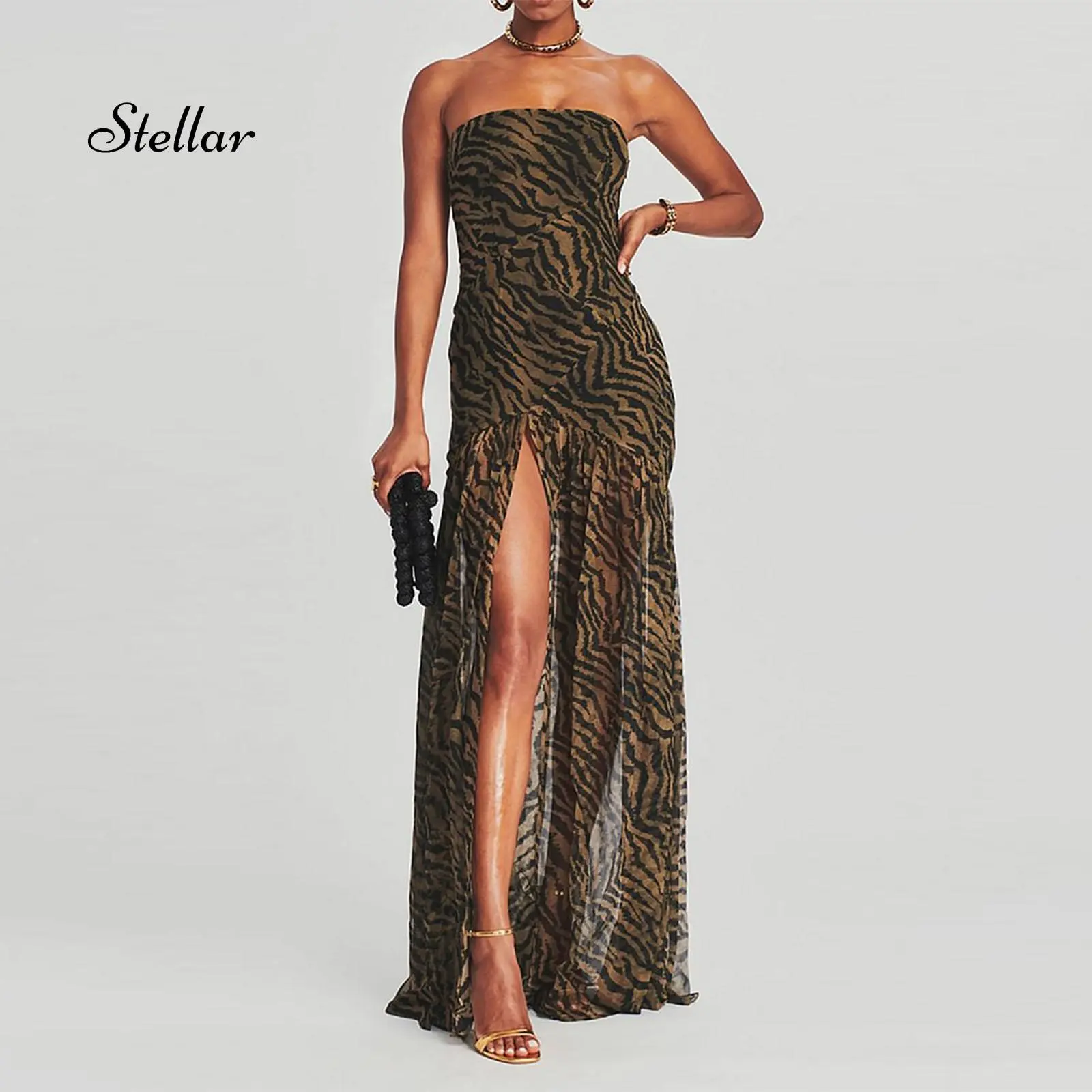 Women's Chic Party Dress - Strapless Tropical Leopard Print Maxi with High Slit, Backless Mesh Patchwork for Going Out, Tropical Clothing, Party Wear, Women's Clothes, Backless Front-Slit Casual Dresses, Lady, Going Out Outfit, Bachelorette Party