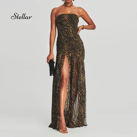 Lady's Polyester Sleeveless Chic Strapless Tropical Leopard All Over Print Maxi Dress - High Slit, Backless Mesh Patchwork, Backless Dress, Party Wear, Bachelorette Outfit