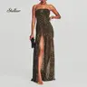 Lady's Polyester Sleeveless Chic Strapless Tropical Leopard All Over Print Maxi Dress - High Slit, Backless Mesh Patchwork, Backless Dress, Party Wear, Bachelorette Outfit