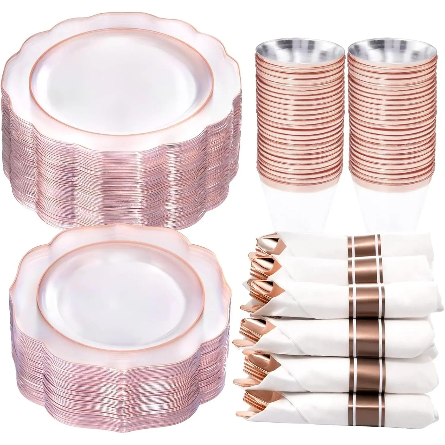 350PCS Rose Gold - Clear Rose Gold Disposable Dinnerware Set - Include 100 Dinner/Dessert,50 Cups,50 Pre Rolled with Cutlery Set - for/Mother's Day