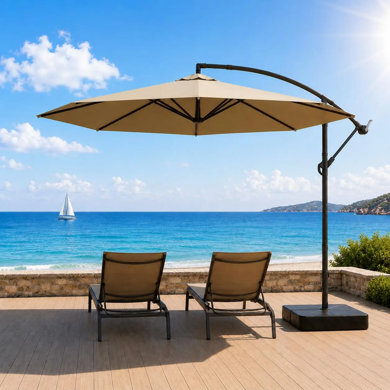 SLSY 10FT Patio Umbrella with Base, Outdoor Umbrella Pool Umbrella Cantilever Umbrells - UV Protection, Easy Tilt & 360° Rotation for Poolside, Backyard & Garden