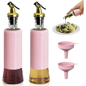 Olive Oil Dispenser Bottle for Kitchen Set of 2, Golden Non-Drip & Leakproof Spout, One-handed Hold, With Pink Funnel for Easy Filling, 10OZ/300ML(PINK)