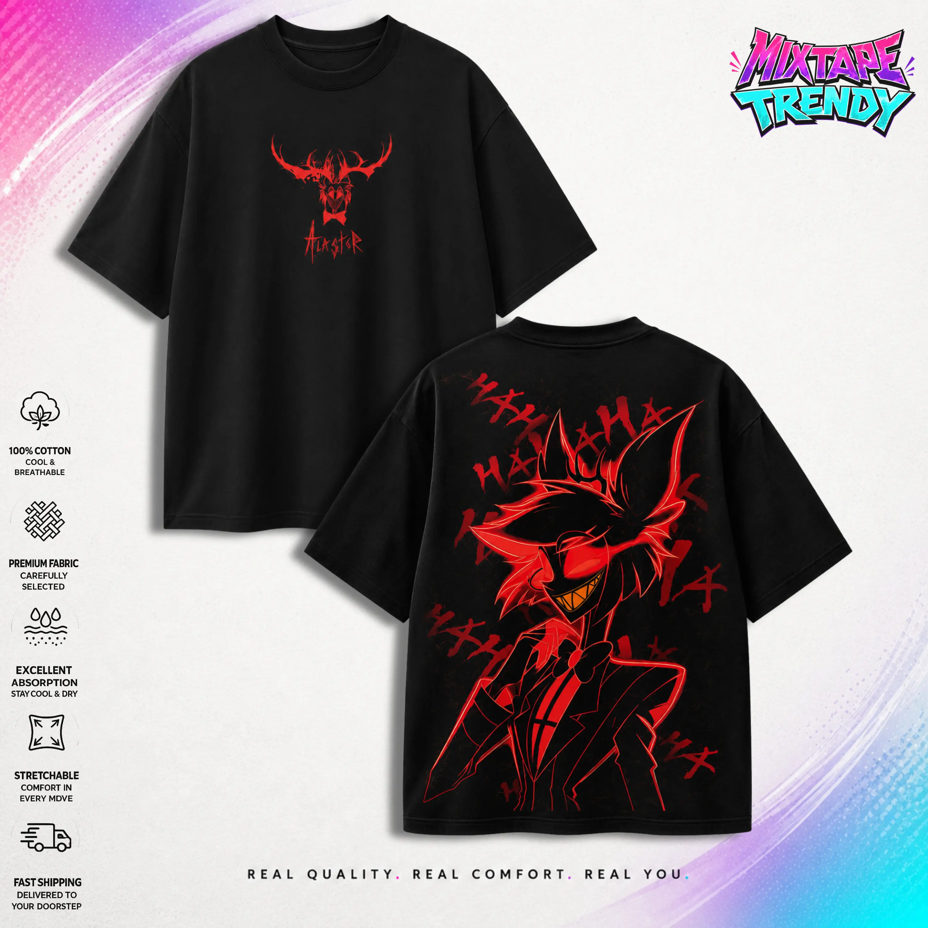 RED ALASTOR Hazbin Hotel T-Shirt, Vintage TV Show and Comic Graphic Tees - Y2K Premium Cotton Top Trendy Gift for Gaming Fans Made in US