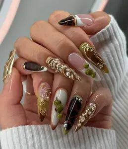 Terra Nails – Autumn Luxe Tortoiseshell Press On Nails | Green & Gold Artistic Nail Set | Pearl Accent Nails | Statement Stiletto Press Ons