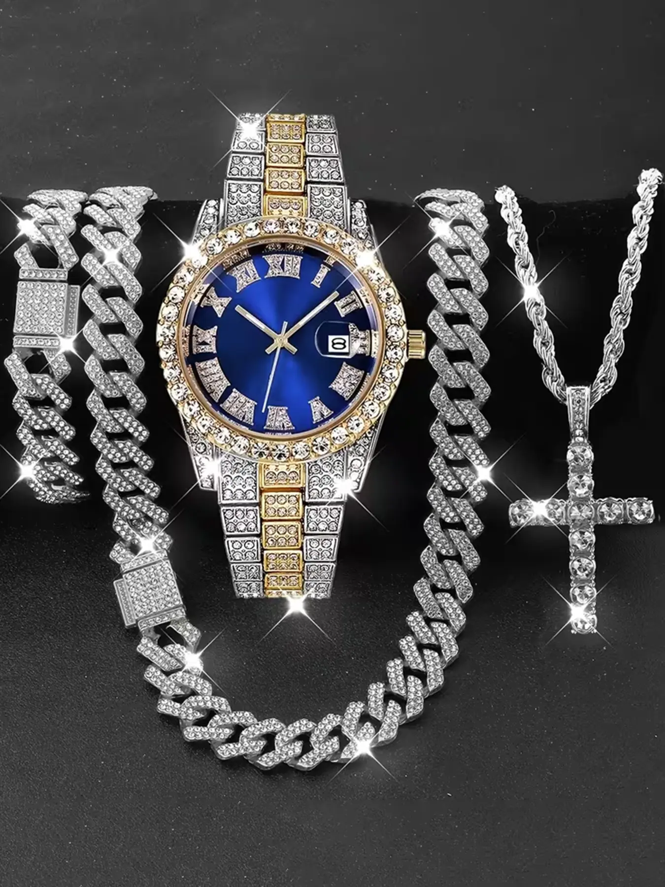 4-Piece Hip-Hop Men's Quartz Bracelet Trendy Watch Set Costume Jewelry with Rhinestones, Calendar Feature, Perfect for Parties, Ideal Gift for Father or Boyfriend