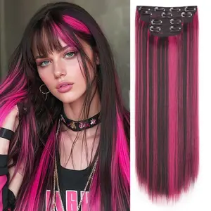 [NANNAN] Long Straight Hair Extensions 20 Inch Clip in Hair Extension 4PCS Thick Hairpieces for Women Brown Mixed Pink 4PCS Thick Hairpieces Fiber Double Weft Hair for Women Synthetic