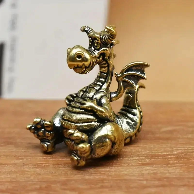 Brass Soft Dragon Statue with Detailed Wings Design, Mythical Copper Flying Dragon Figurine for Collectors, Home Office Decor, Decorative Figurines