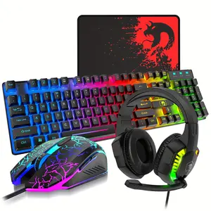 Wired Gaming Keyboard And Mouse Headset Combo, Rainbow LED Backlit Wired Keyboard, Over Ear Headphone With Mic, Rainbow Backlit Gaming Mice, Mouse Pad, for PC, Laptop, PS4, Xbox