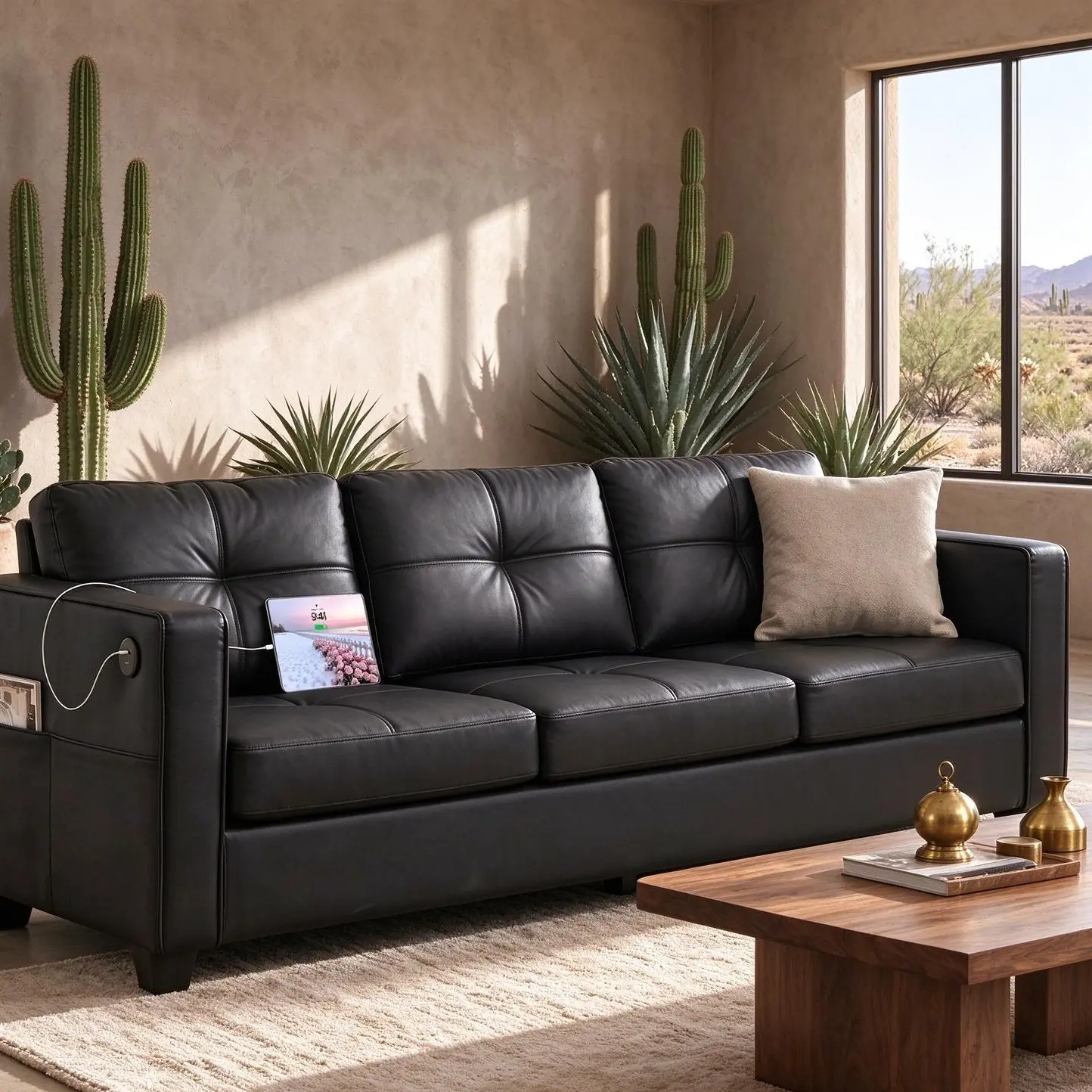 Large Soft 88'' Black Faux Leather Couch w/ Charging, 3 Seater Living Room Sofa