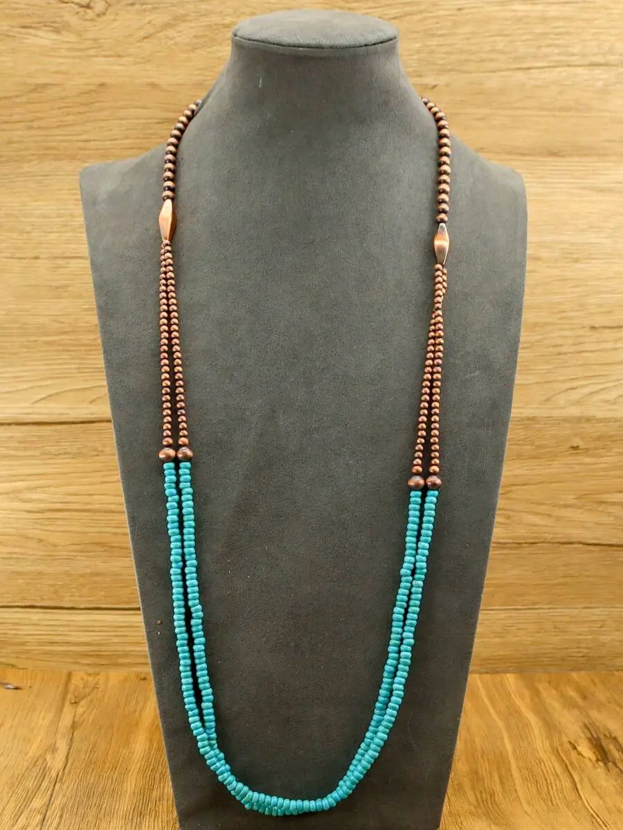 1pc Vintage Copper-Tone Western Country Style Pearl & Turquoise Long Necklace, Bohemian Accessory, Wilderness Necklace, Double-Layer Turquoise Pendant, Fashionable Women's Jewelry, Suitable For Daily Wear Or Gift