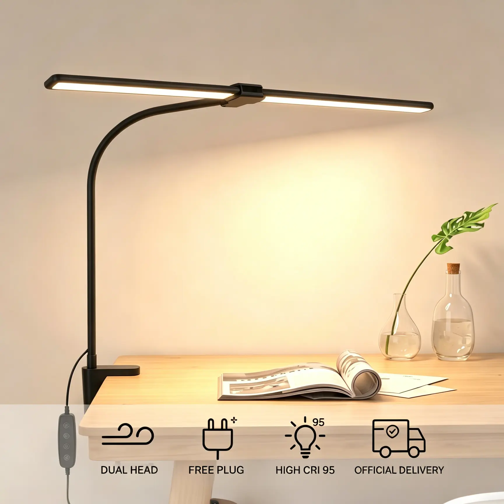 Led Desk Lamp for Office Flexible Eye-Care Clip-On Desk Lamp, Dual-Head for Wide-Area Illumination, 360° Rotatable, Flicker-Free LED Reading Light for Home, Office & Study Adjustable Rgb Lighting