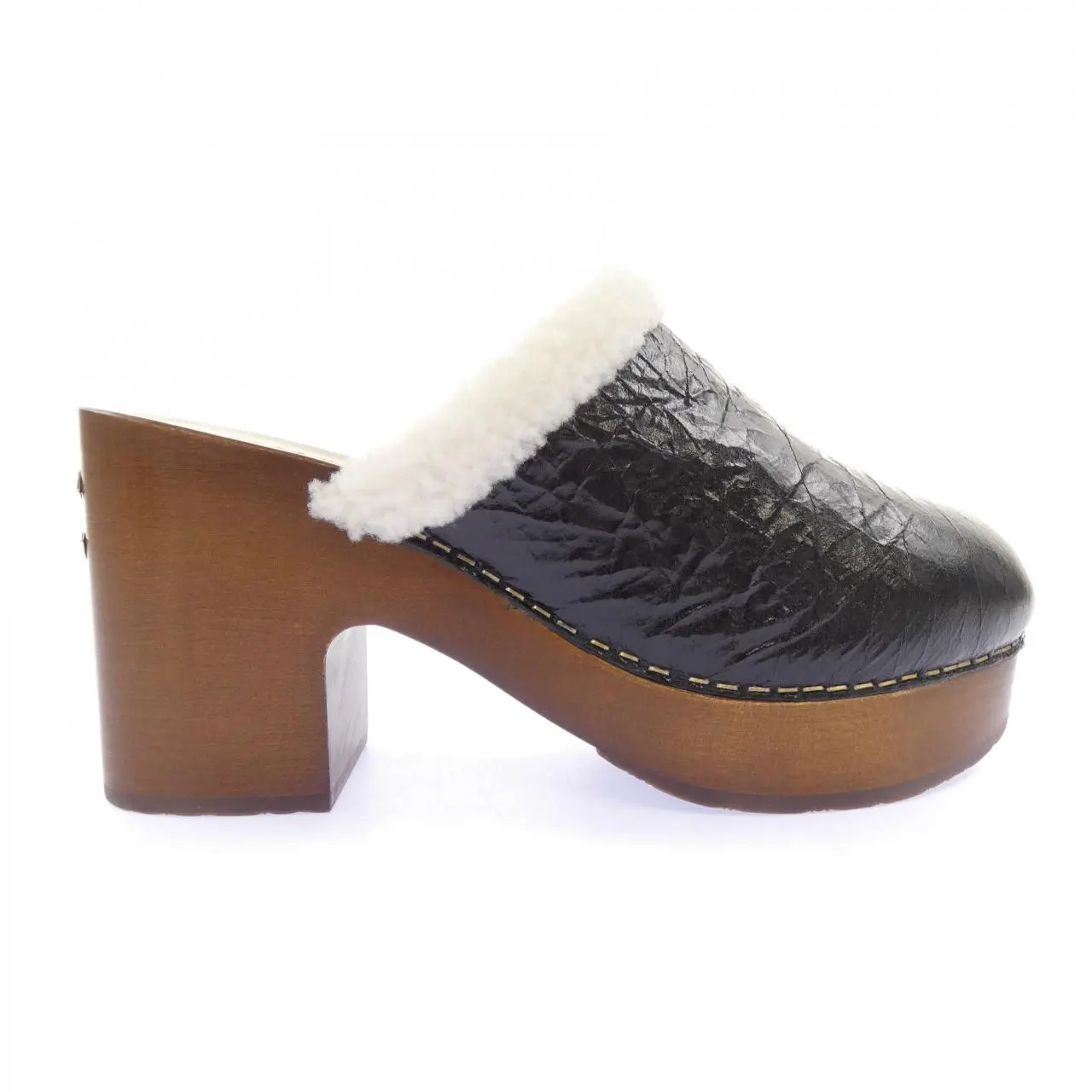 Pre-owned CHANEL Lambskin Small Leather Goods Crackled Sheepskin Shearling Clog Sandals