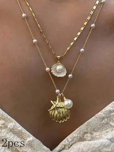 Boho Style Multi-Layer Necklace Set, Fake Pearl Shell Pendant, Summer Jewelry for Beach Travel Daily Wear Party Gift