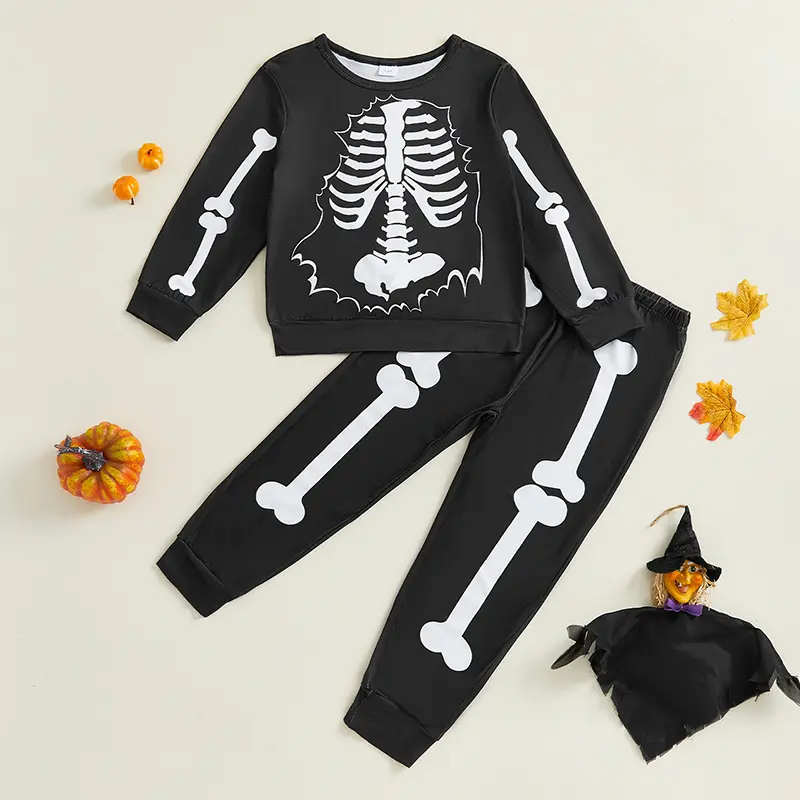 Boys' 2-Piece Halloween Set - Skeleton Motif Long Sleeve Sweatshirt, Elastic Waist Pants for 3-4 Years Fall Winter Spooky Theme Outfit, Halloween Look