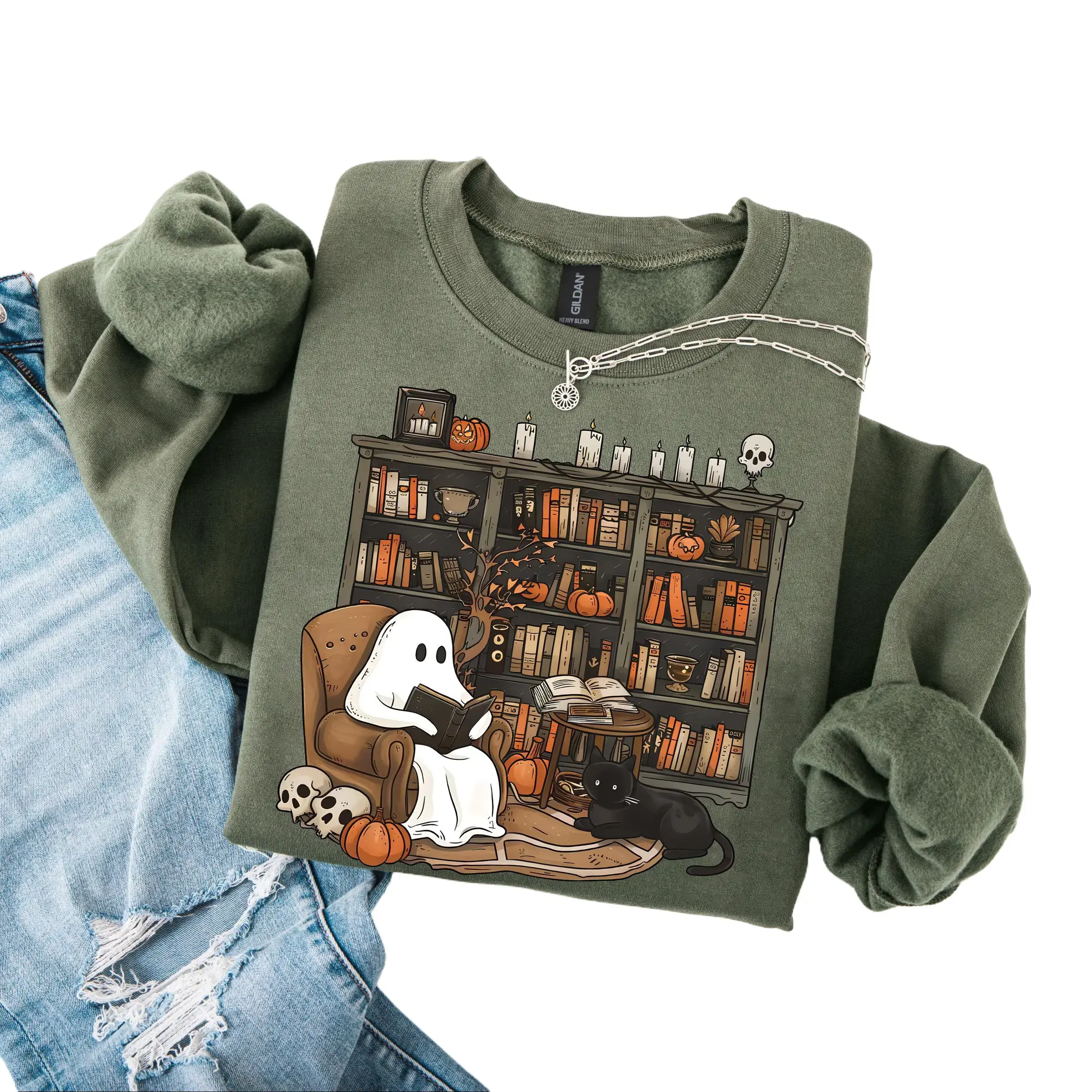 Retro Ghost Reading Sweatshirt, Halloween Librarian Teacher Gift