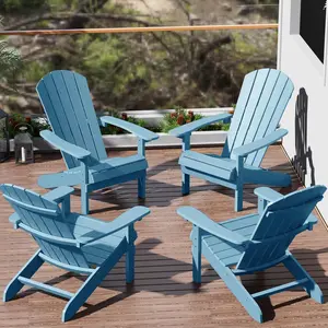 Elevate Your Patio with 4-Piece Adirondack Chair Set featuring Cup Holder & Wood Texture - All-Weather HIPS Plastic Outdoor Seating for Lawn Fire Pit Deck Porch - Blue