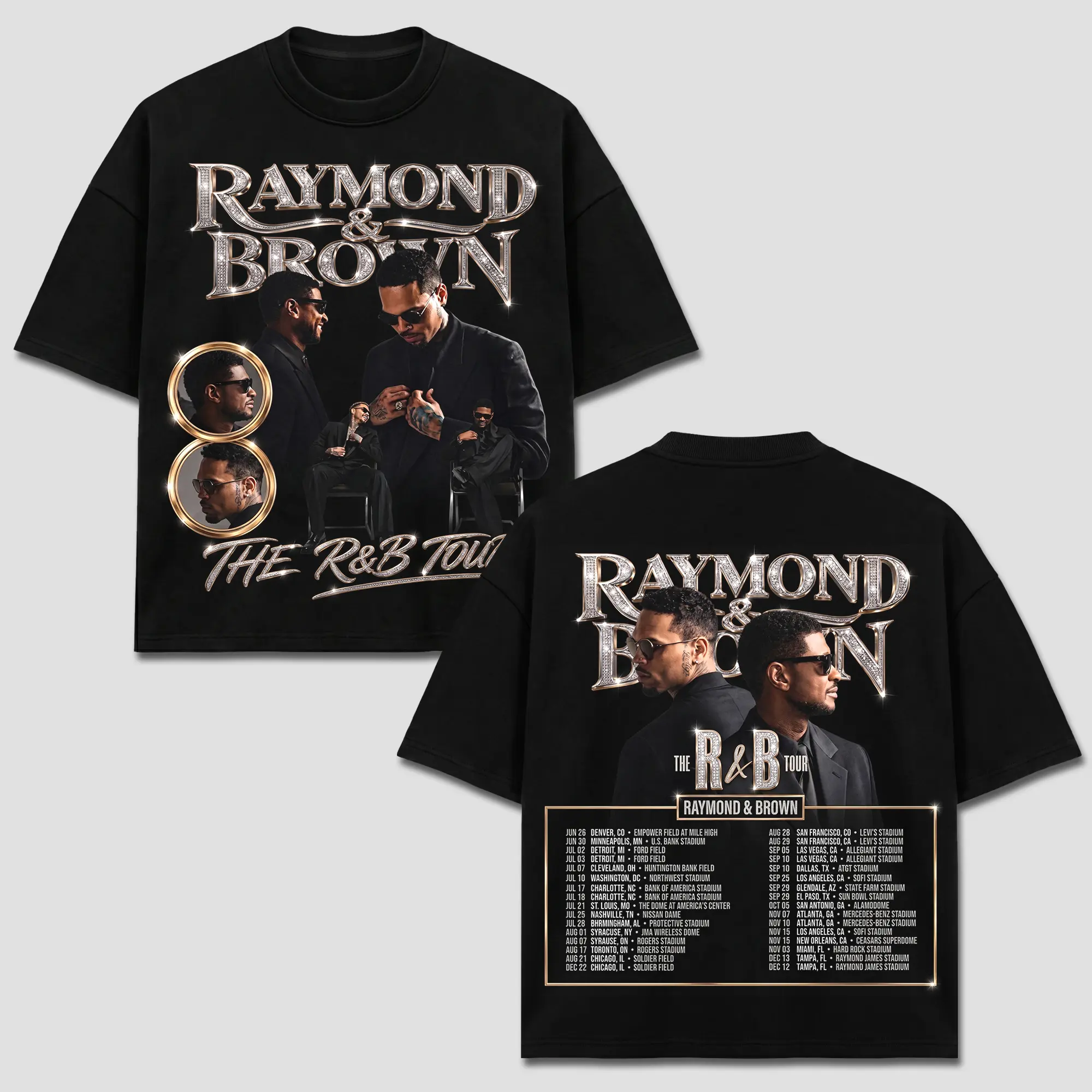 Raymond Brown T-Shirt, Raymond and Brown RAndB Tour Tee, Silver Diamond Bling Logo Graphic, Concert Dates Tracklist Merch, Breezy Singer Top, Vintage Bootleg Hip Hop Style, Retro Acid Washed, US Unisex Casual Oversized Heavyweight Outfits Cloth