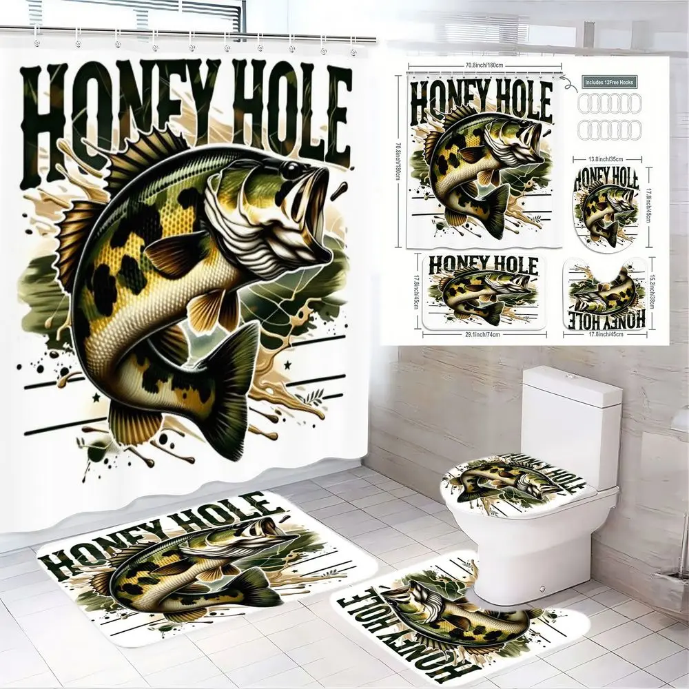1/4pcs Fishing Bathroom Set, Bathroom Accessory - Funky Funny Shower Curtain Sets 4-Piece with Large Bass Fish 'HONEY HOLE' Design, Green Black Patterns, Toilet Lid Cover & 2 Floor Mats - Fishing Themed Decor