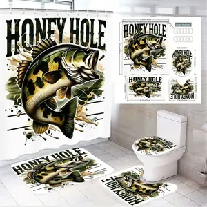 1/4pcs Fishing Bathroom Set - Shower Curtain 4-Piece, Shower Curtain Sets with Large Bass Fish 'HONEY HOLE' Design, Green Black Yellow Patterns, Toilet Lid Cover & 2 Floor Mats - Fishing Themed Decor for Fishing Enthusiasts, Ideal for Lake Fishing
