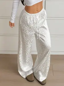 Women's Leopard Print Flowy Wide Leg Pants, Stylish High Waist Long Trousers, Comfortable Casual Fashion for All Seasons, Casual Palazzo Pants