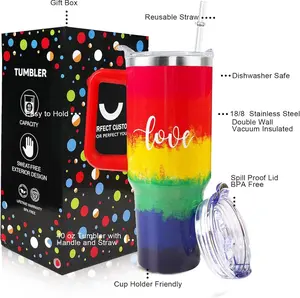 Rainbow Cups Gay Pride 40 oz Tumbler with Handle and Straw Lid Leak Proof - Pride Month LGBTQ Gifts for Women Men - Insulated Stainless Steel Cup Dishwasher Safe