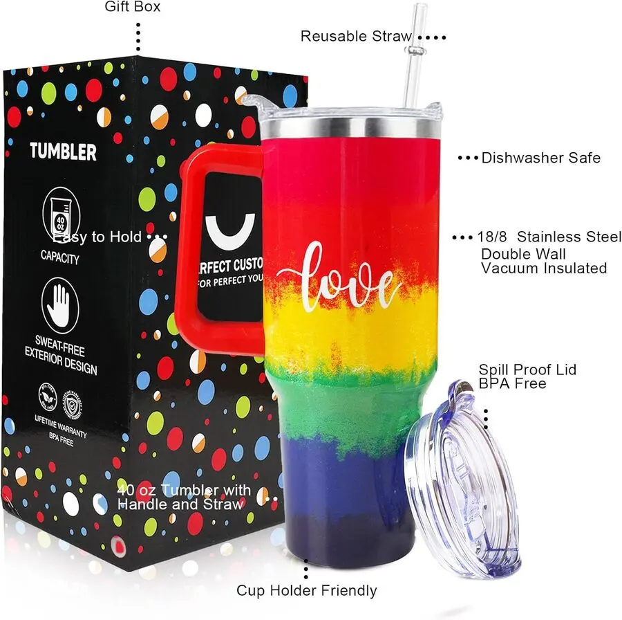 40 oz Double-Wall Insulated Reusable Stainless Steel Tumbler - Indoor Printed Rainbow Pineapples, Heat-Resistant, Leak-Proof, Dishwasher-Safe, with Handle, Straw Lid & Cover, Gay Pride Month Gift, Kitchenware Drinkware, 40 Oz Tumbler