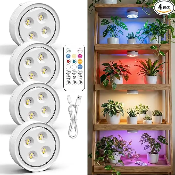 4 Pack Rechargeable Grow Light with Timer, Cordless Plant Lamp | Magnetic 3000k 6500k Plant Lamp for Indoor Growing, Full Spectrum Lighting with Remote, Stepless Dimming for Plant Shelf