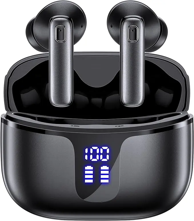 [Black or white random] Wireless Earbuds Ear Buds Bluetooth Headphones with Dual Power Display Charging Case Deep Bass Earphone with Microphone Headset for Phone Tablet TV Business Sport
